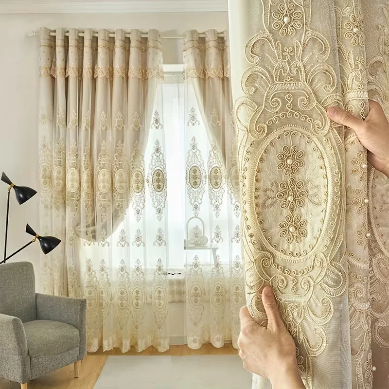 1pc Luxurious European Embroidered Curtains, UV Protection, Light Blocking, Privacy, Bedroom Living Room Home Decor