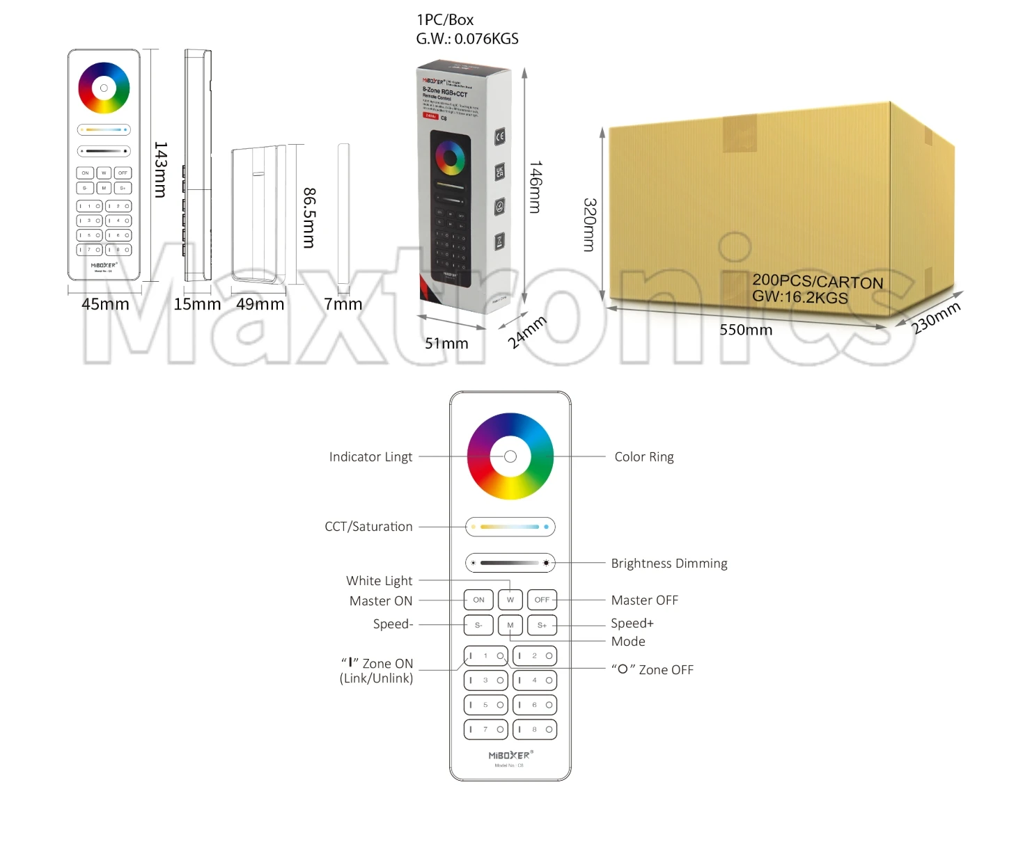 MIBOXER 8-Zone RGB+CCT Remote C8/C9 SPI Remote (2.4GHz RF Wireless) RGB, Brightness, ColorTemperature and Saturation adjust Lamp