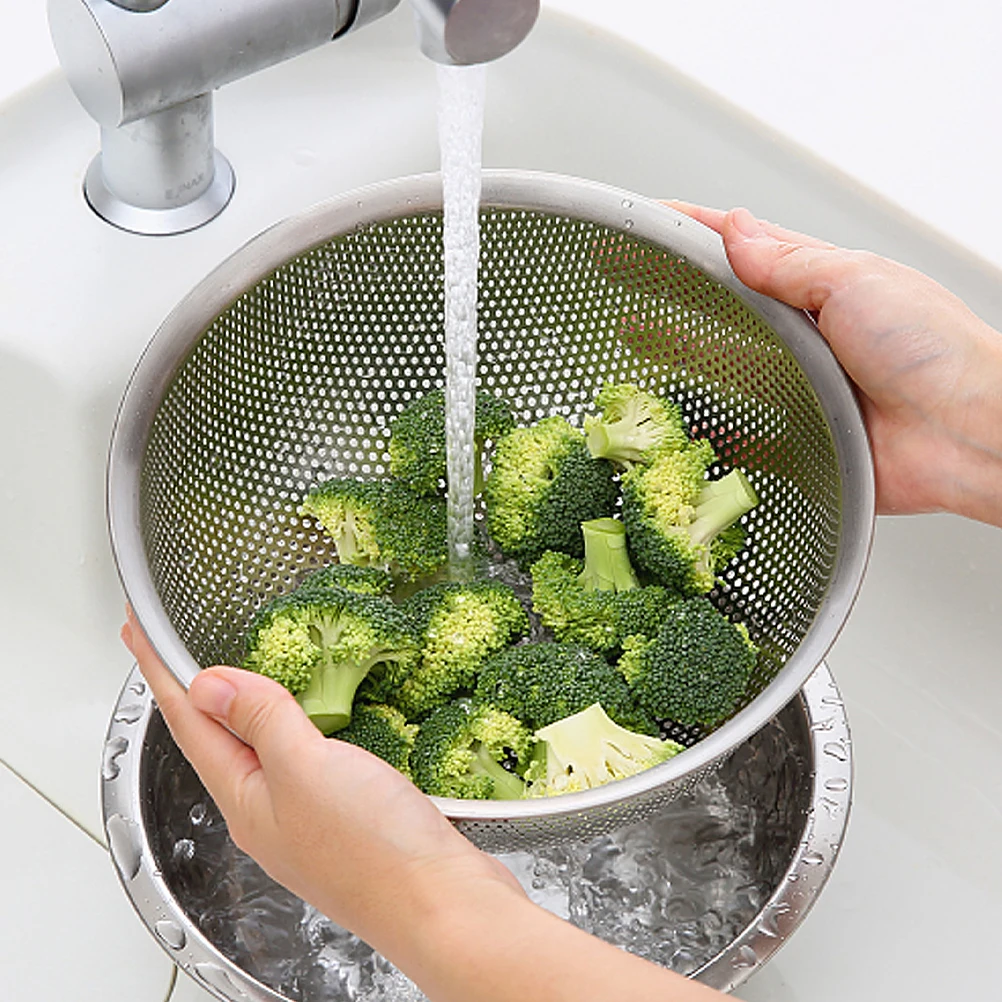 

1pc Stainless Steel Colander Strainer Heavy Duty Vegetable Fruit Washing Basket With Handle Large Capacity Kitchen Drainer For
