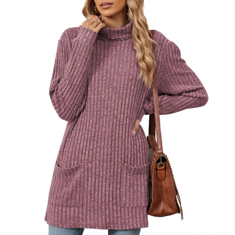 New Solid Color Half Turtle Neck Long Sleeve Casual Pocket Tops for Women Tops