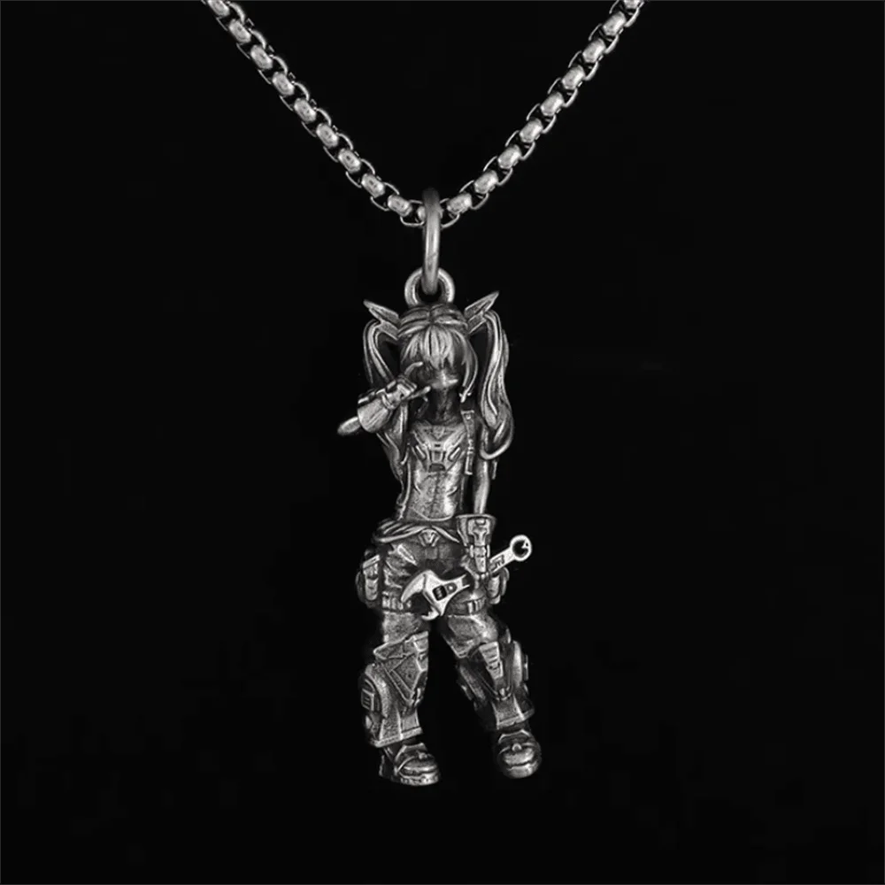 

Steampunk-Inspired Mechanic Girl Pendant Necklace in Silver Tone