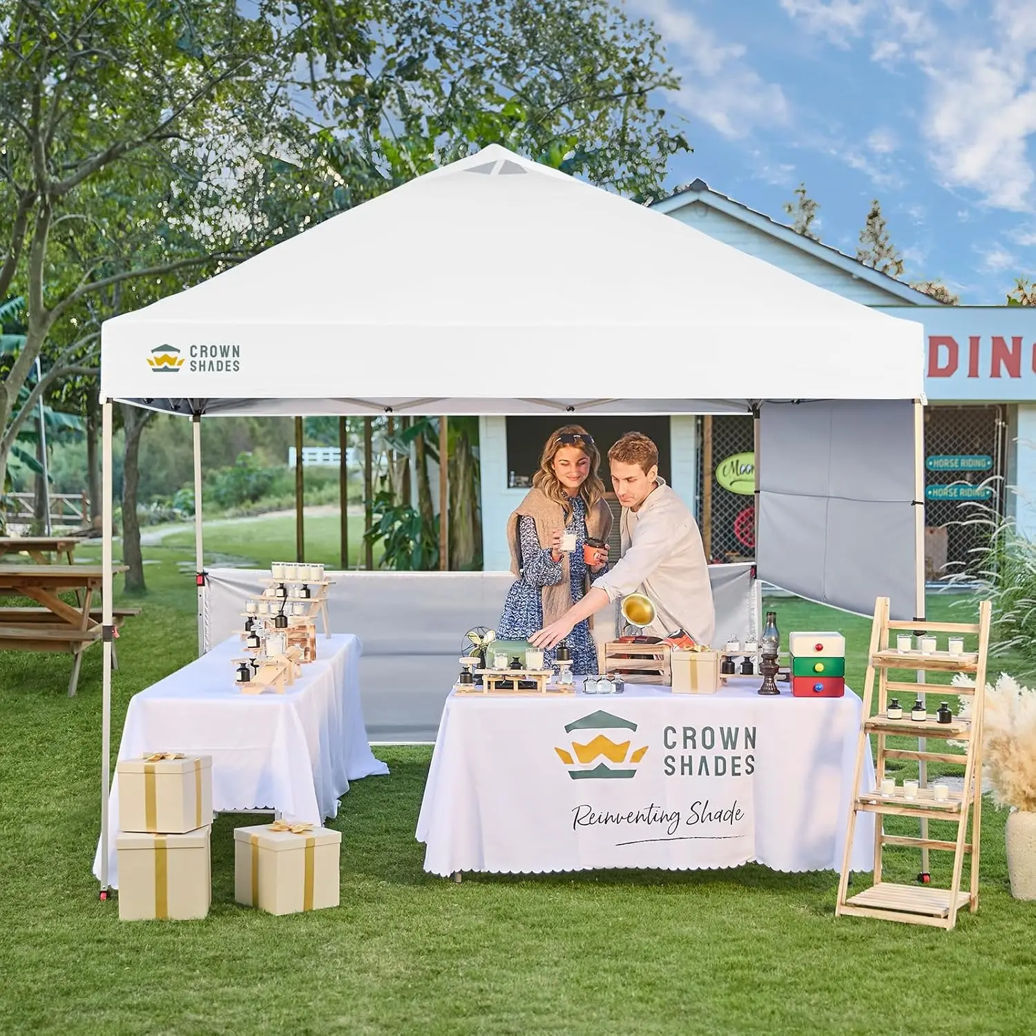 Outdoor Use, Grid White Pop Up Canopy Tent, 150D Silver Coated Fabric, Comes with Accessories