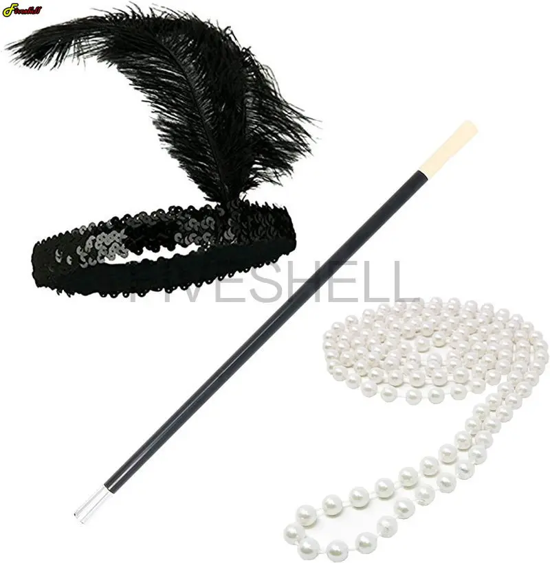 ฮาโลวีน Roaring 20's เครื่องแต่งกายอุปกรณ์เสริมถุงมือ Pearl สร้อยคอ1920's Flapper อุปกรณ์เสริมชุดเครื่องประดับชุด