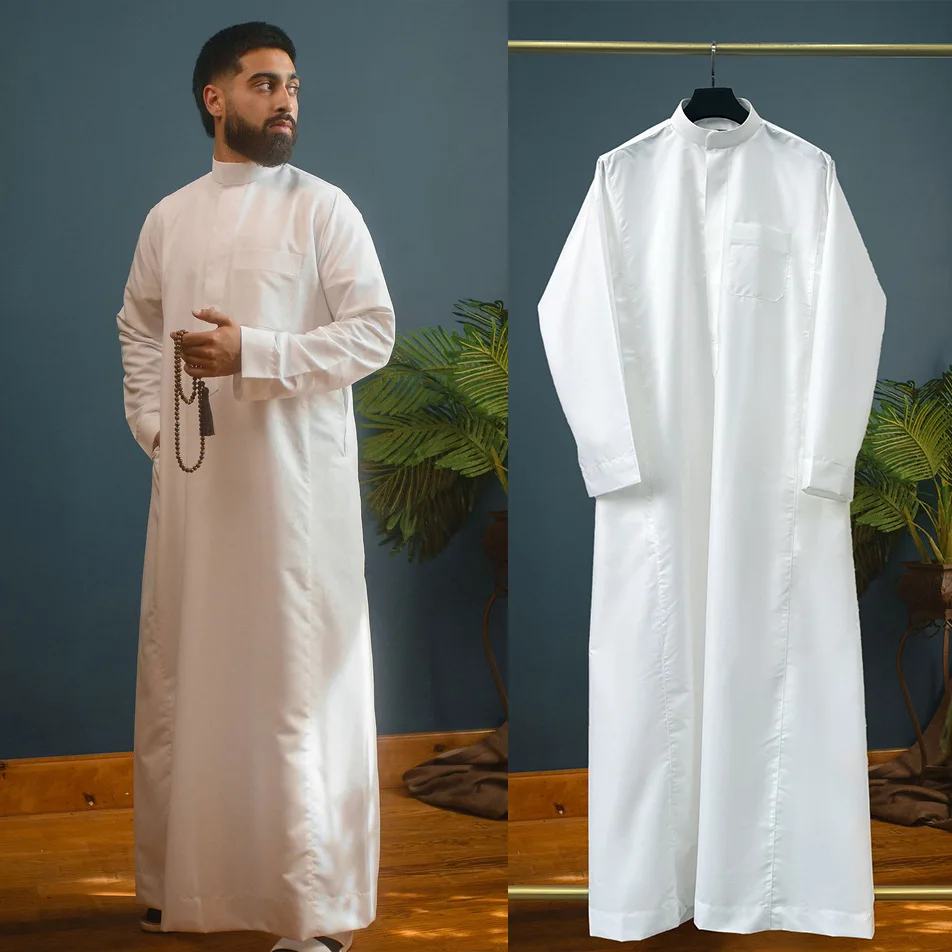 

Men's Traditional White Thobe – Breathable Loose Fit Islamic Prayer Robe for Middle East with Upgraded Zipper Neckline