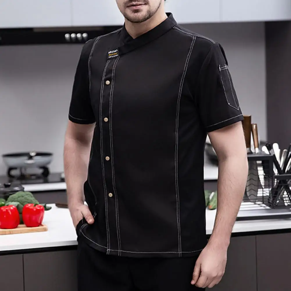 Uniforme de chef unisexe, poches sur les bras, manches courtes, col montant, uniforme de cuisinier, simple boutonnage, anti-transpiration, respirant, vêtements de Chamonix