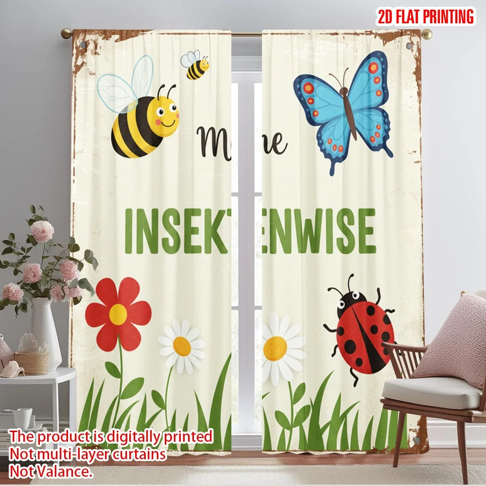 

2pcs 2D flat printing Window Drapes Cute Insect Meadow 100% Polyester Without Electricity Party Decorations for Multipurpose