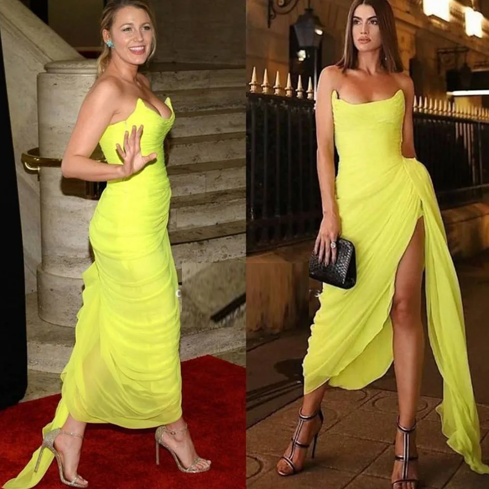 فساتين حفلات شيفون صفراء بدون حمالات للنساء حورية البحر بفتحة عالية مع فستان سهرة رسمي بطول الشاي