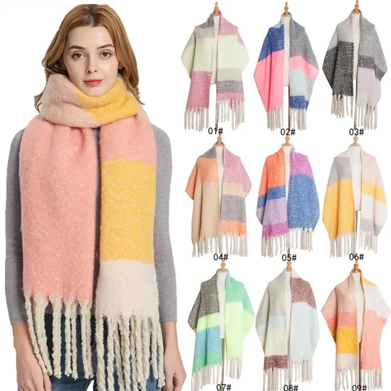 Winter Thick Rainbow Color Women's Ponchos Fashion England Fringed Scarf Shawl Unisex Casual Travel Outdoor Keep Warm Capes