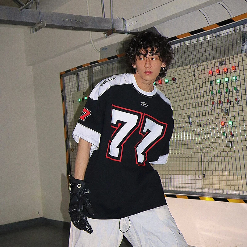 

Мужская футболка в стиле хип-хоп с коротким рукавом, летняя, с принтом гоночного автомобиля, американский стиль, с маленьким воротником, свободного кроя, дышащая