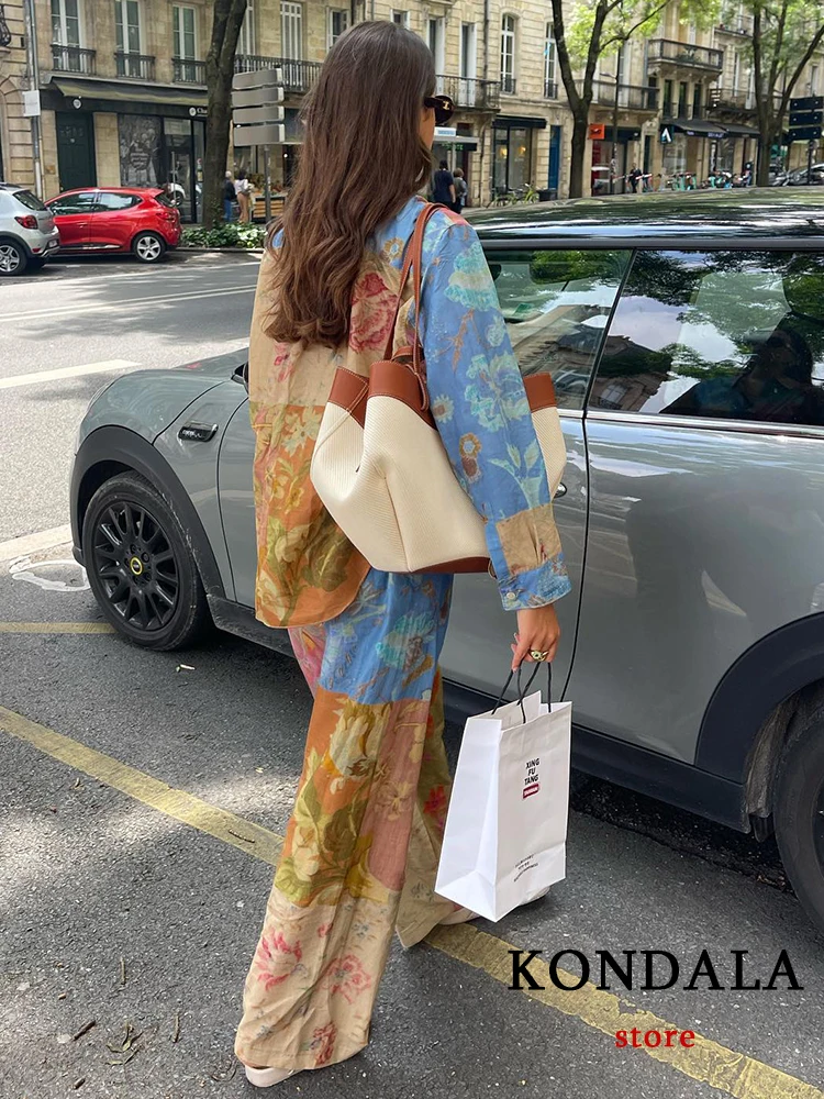 KONDALA Vintage Tie Dye Print Women Suit Single Breasted Blouse Straight Long Loose Pants New Fashion 2023 Summer Boho Sets