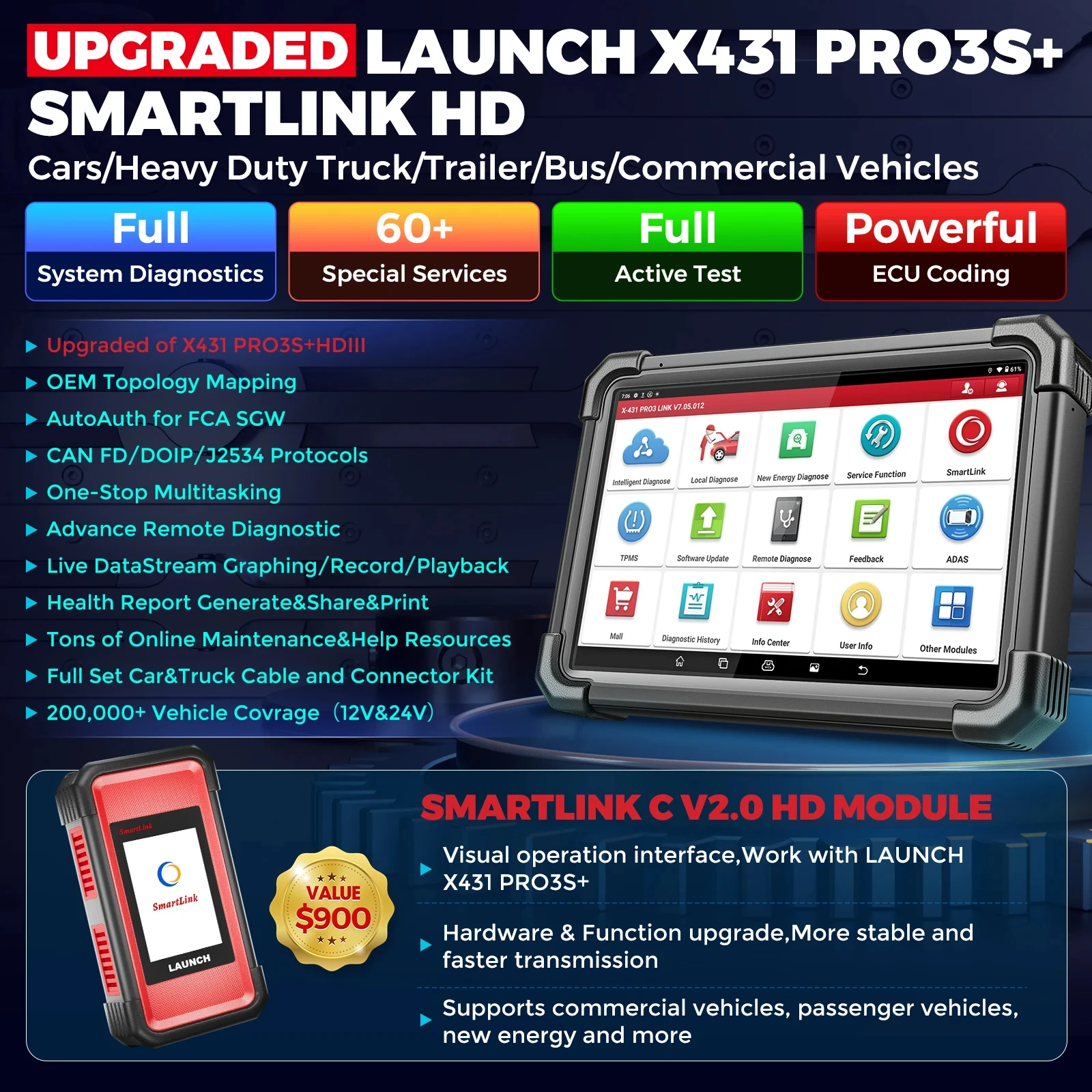 Launch X-431 PRO3S+ SmartLink HD Bidirectional Heavy Duty Diagnostic Tools ECU Coding CANFD DOIP FCA Diesel Gasoline Scanner