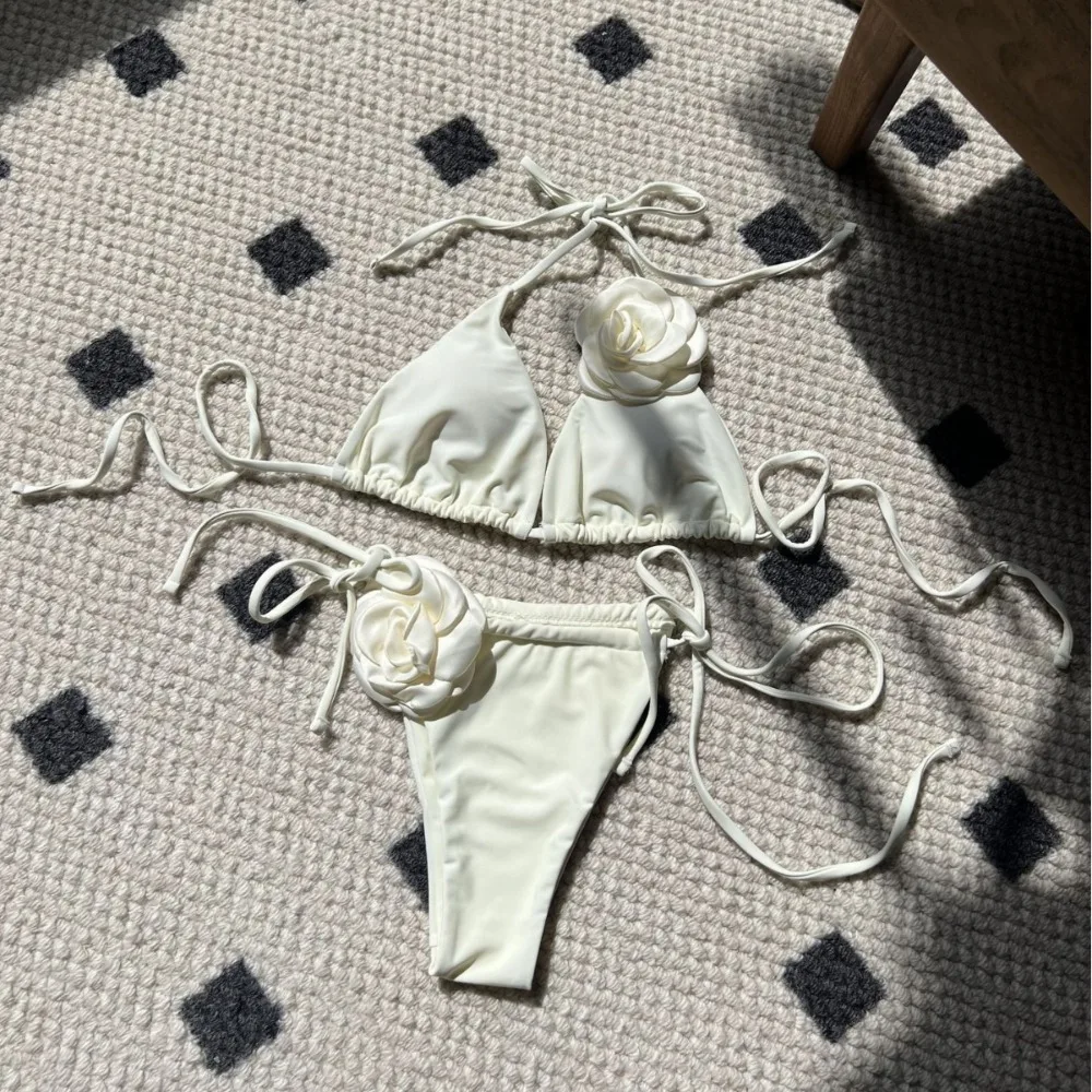 Bikini rose dos nu pour femmes, maillot de bain d'été sexy, couleur unie, nouvelle collection