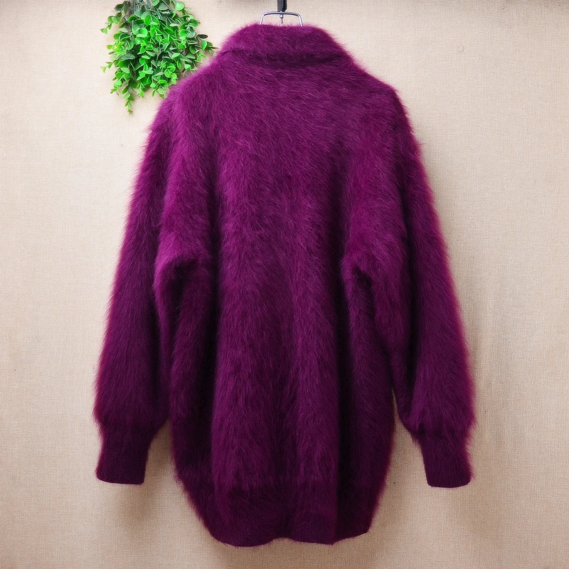 Female Women Fall Winter Clothing Hairy Mink Cashmere Knitted Long Lantern Sleeves Turn-Down Neck Loose Cardigans Sweater Jacket