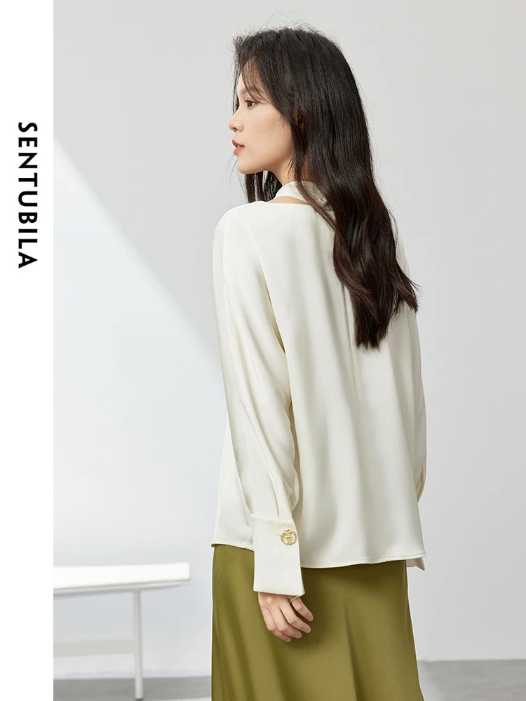 SENTUBILA Women Commute White Chiffon Blouse Woman 2024 Spring Autumn Fashion Cut Out Elegant Long Sleeve Tops Female 141V54187X