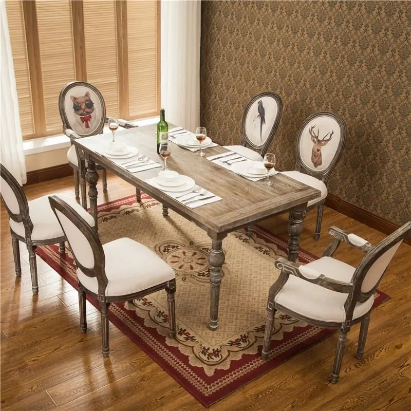 

Dining table combination solid wood retro old brushed pine dining French restaurant simple rectangular table