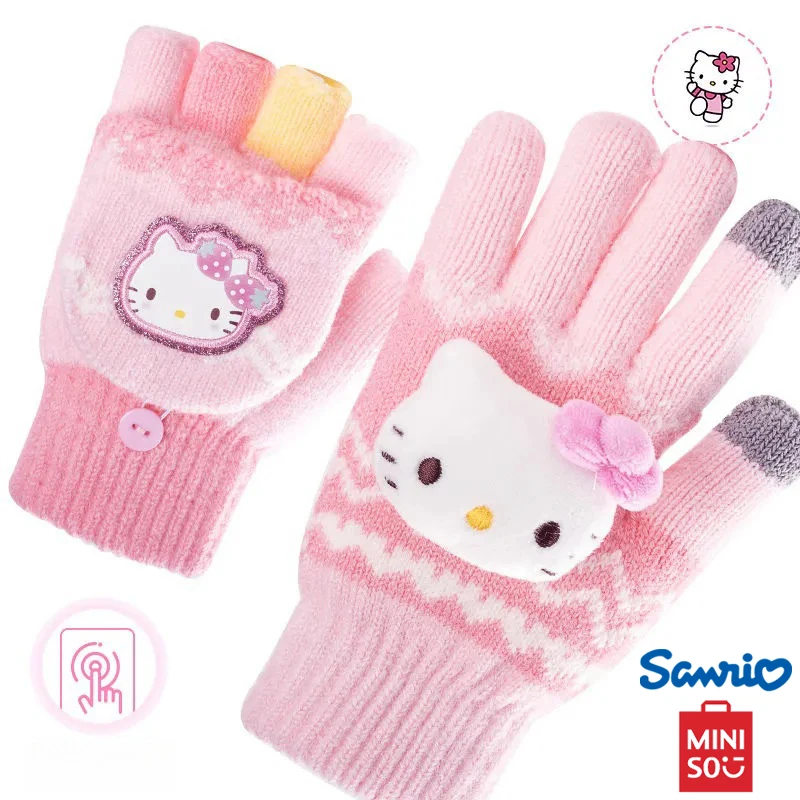ミニソハローキティ子供用ニットグローブ、暖かく、厚く、かわいい漫画、防寒、ピンク、5本指、冬
