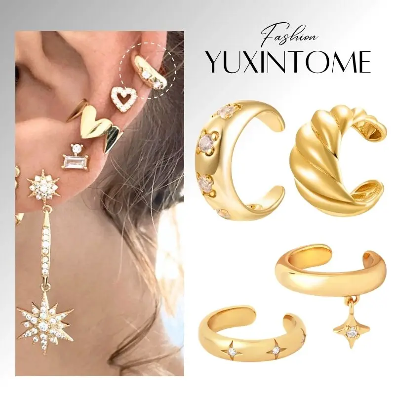 

1PC 24K Gold Plated C Shape No Piercing Ear Clip Earring Women's Vintage Geometric Crystal Fake Cartilage Ear Cuff Fine Jewelry