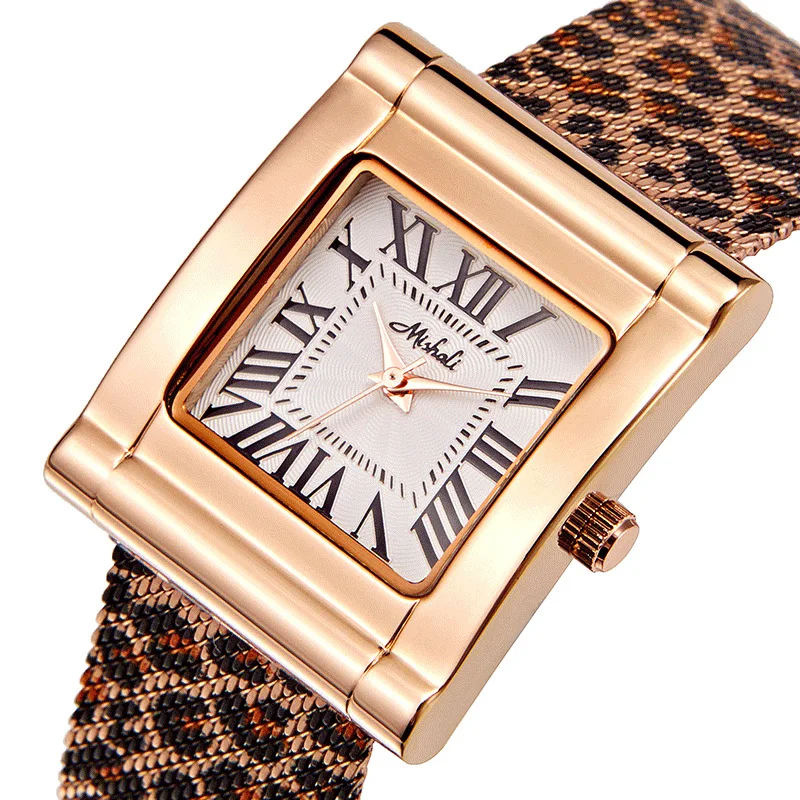 Luxury Rose Gold Stainless Steel Leopard Print Mesh Belt Quartz Wristwatches Watch for Women Gift for Girls