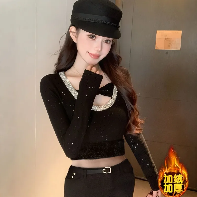 

Tops T-shirts Undershirts Layering Pieces Women's Autumn/Winter Fleece-lined Thickened Slim-fit Fashionable Casual Comfortable