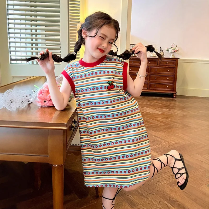 

Girls' Summer Striped Vintage Tank Dress New Baby Children's VersatileTLoose Princess Dress T-Shirt Dress
