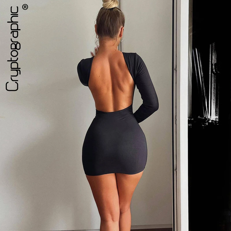 Cryptographic Autumn Fashion Sexy Open Back Solid Slinky Mini Dress Club Party Outfits Long Sleeve Round Neck Bodycon Dresses