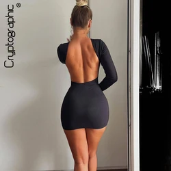 Cryptographic Autumn Fashion Sexy Open Back Solid Slinky Mini Dress Club Party Outfits Long Sleeve Round Neck Bodycon Dresses