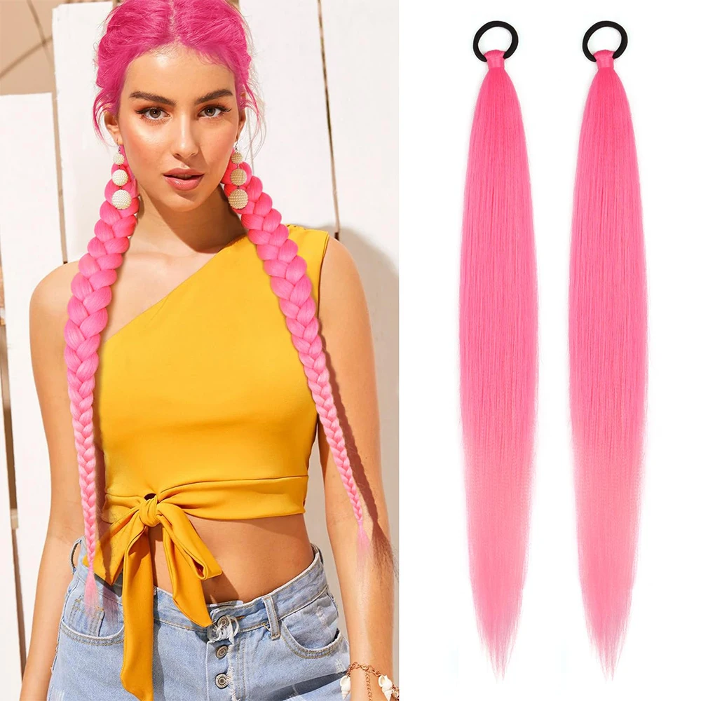 

2 Pack Pink Ponytail Extension with Elastic Tie Straight Sleek Wrap Around Braid Ponytail Yellow Blue Gradient 26 Inch