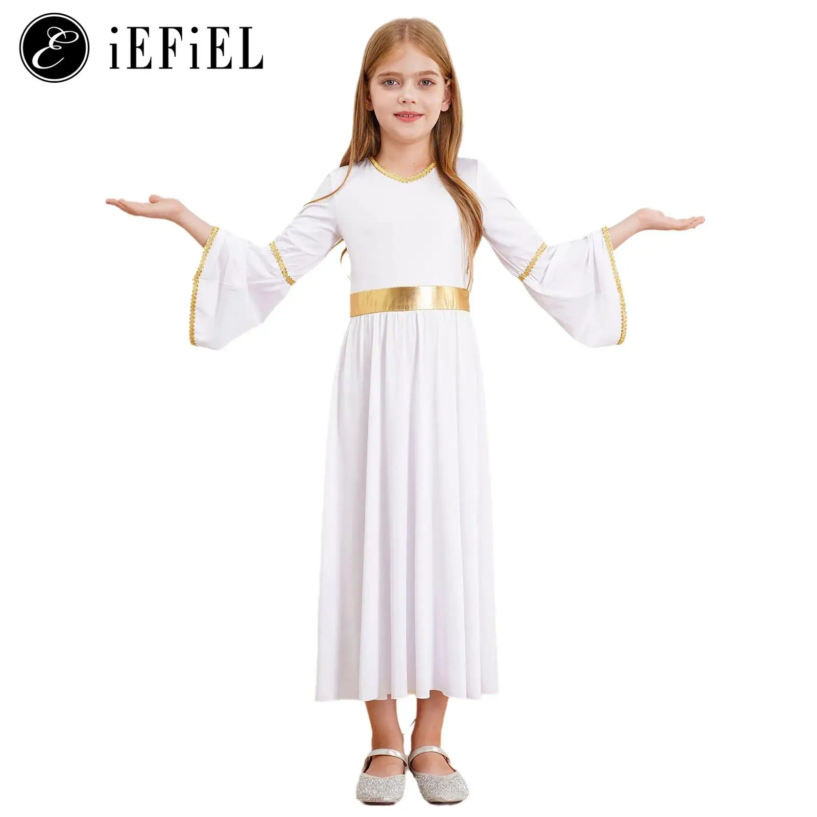 

Kids Girls Greek Aphrodite Halloween Cosplay Costume Angle V Neck Bell Sleeve Maxi Toga Dress Ancient Roman God Dress-up