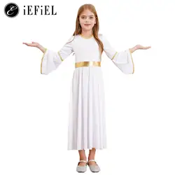 Kids Girls Greek Aphrodite Halloween Cosplay Costume Angle V Neck Bell Sleeve Maxi Toga Dress Ancient Roman God Dress-up