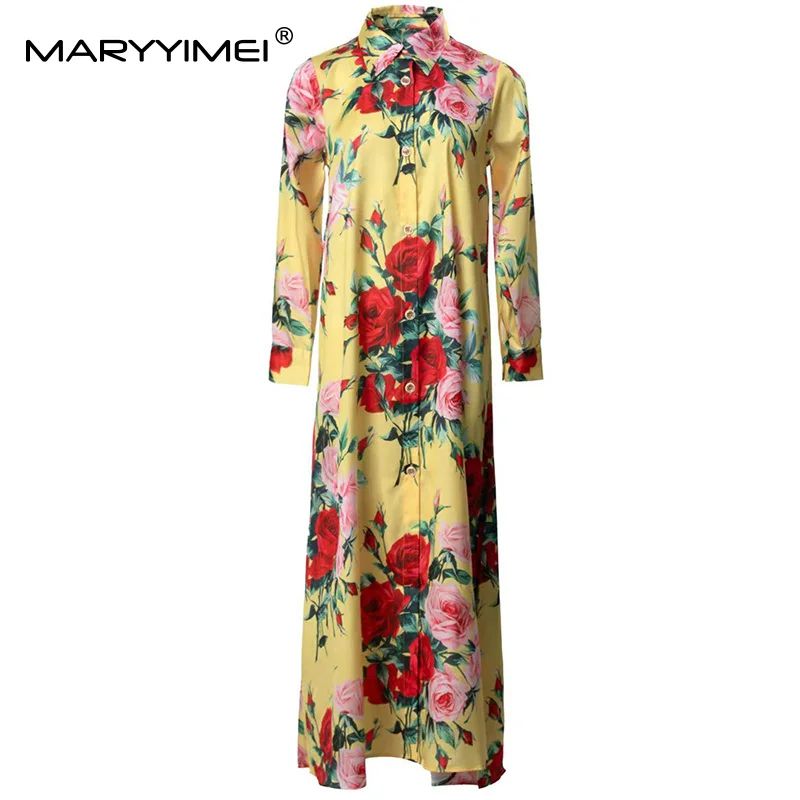 

MARYYIMEI Fashion design Women's Autumn Long Dress Turn-Down Collar Long-Sleeved Breasted Print Elegant Dresses