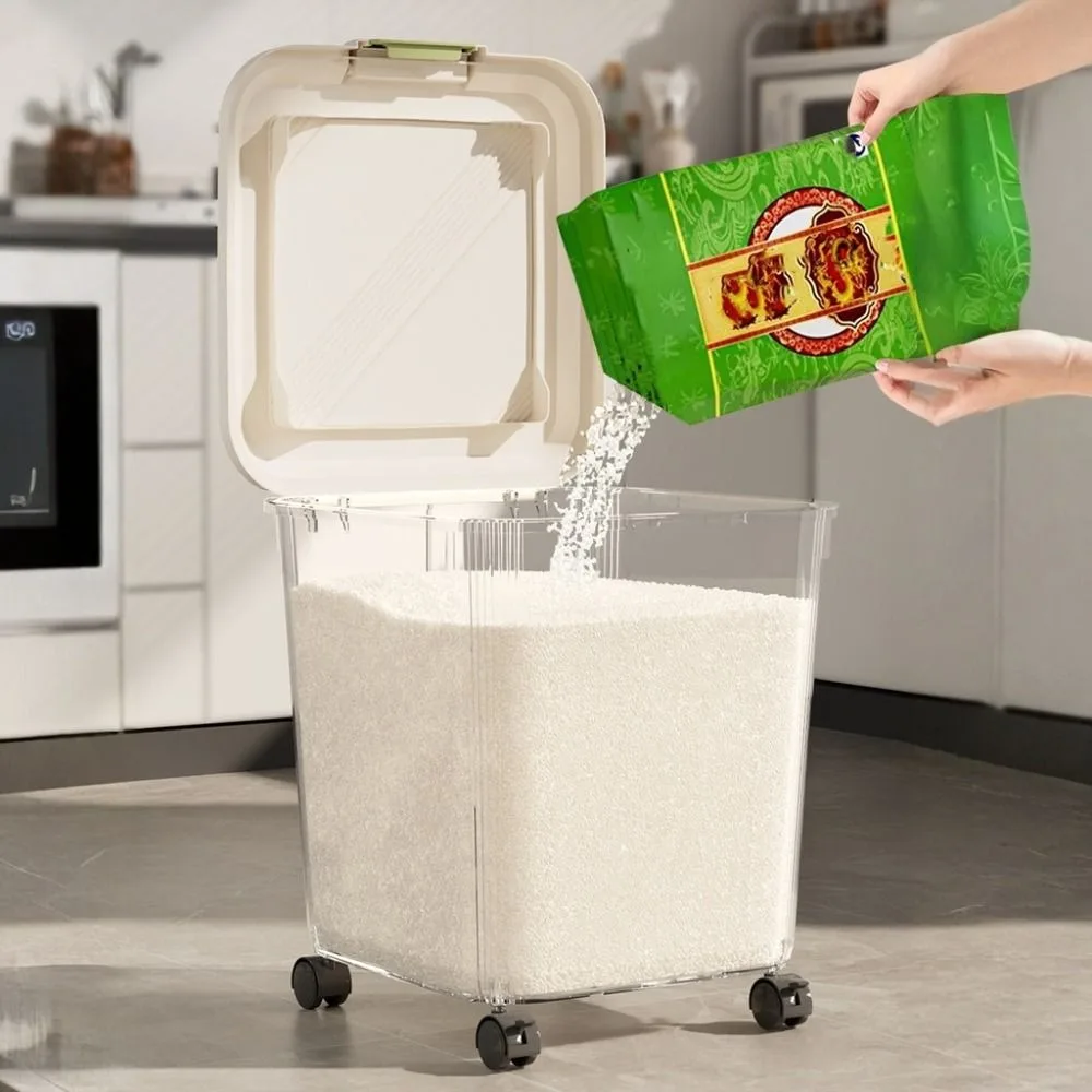 Durable Insect Proof Rice Storage Box Moisture Proof with Wheel Rice Bucket 15/25 KG Large Capacity Pet Food Container Grain