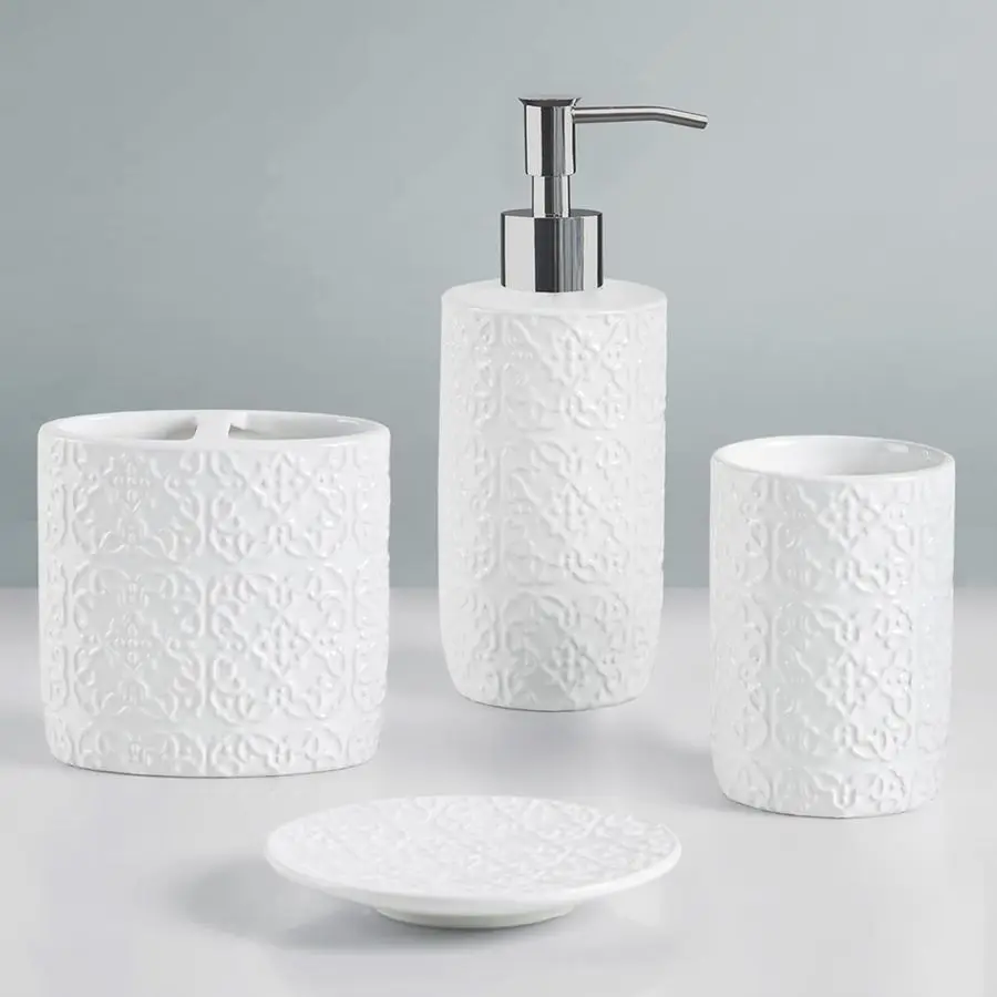 

Ceramic Bathroom Accessories Set, Vanity Decor Storage Organizer, Embossed Damask Medallion, Lotion Soap Dispenser, Toothbrush H