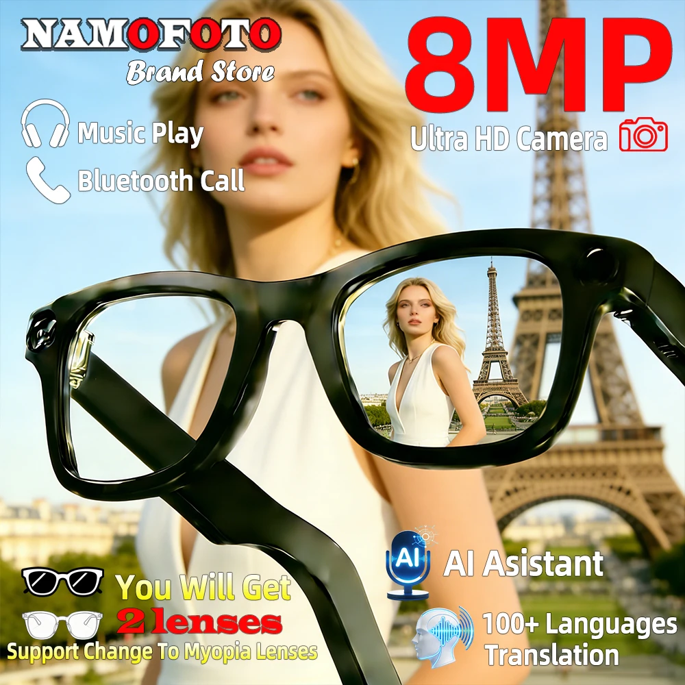 

2026 New 8MP Ultra-Wide 1080P HD Camera AI Smart Glasses Translation Video Voice Record Photo Recognition BT Call Sunglasses