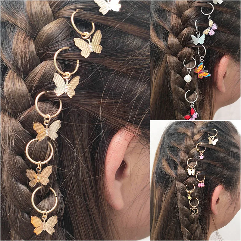 6pcs/Set Butterfly Star Pendant Hair Clip For Women Braid Metal Hair Rings Western Style Hair Accessories Girls DIY Headdress