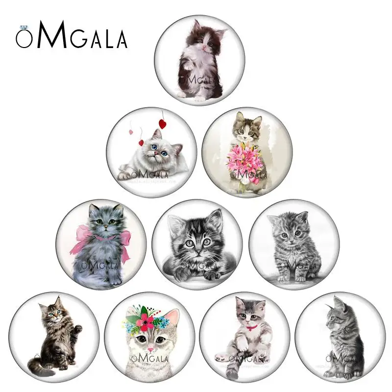 

Fashion Lovely Cartoon Cats beauty 10pcs 12mm/18mm/20mm/25mm Round photo glass cabochon demo flat back Making findings