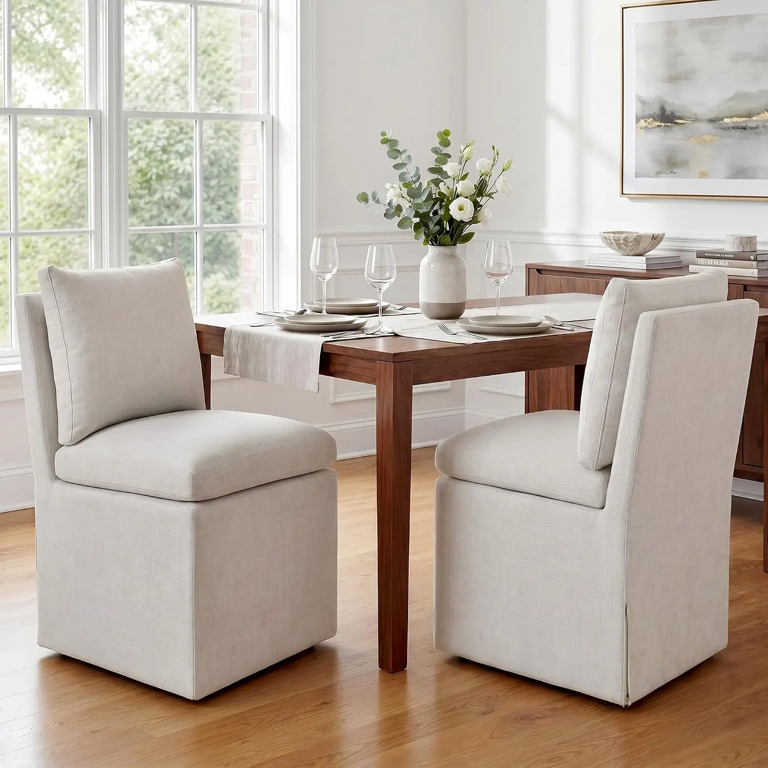 Armless Dining Chair with Casters, Linen Set of 2 for Living Room Bedroom Kitchen, Sofa Seat with 4 Wheels, Customized