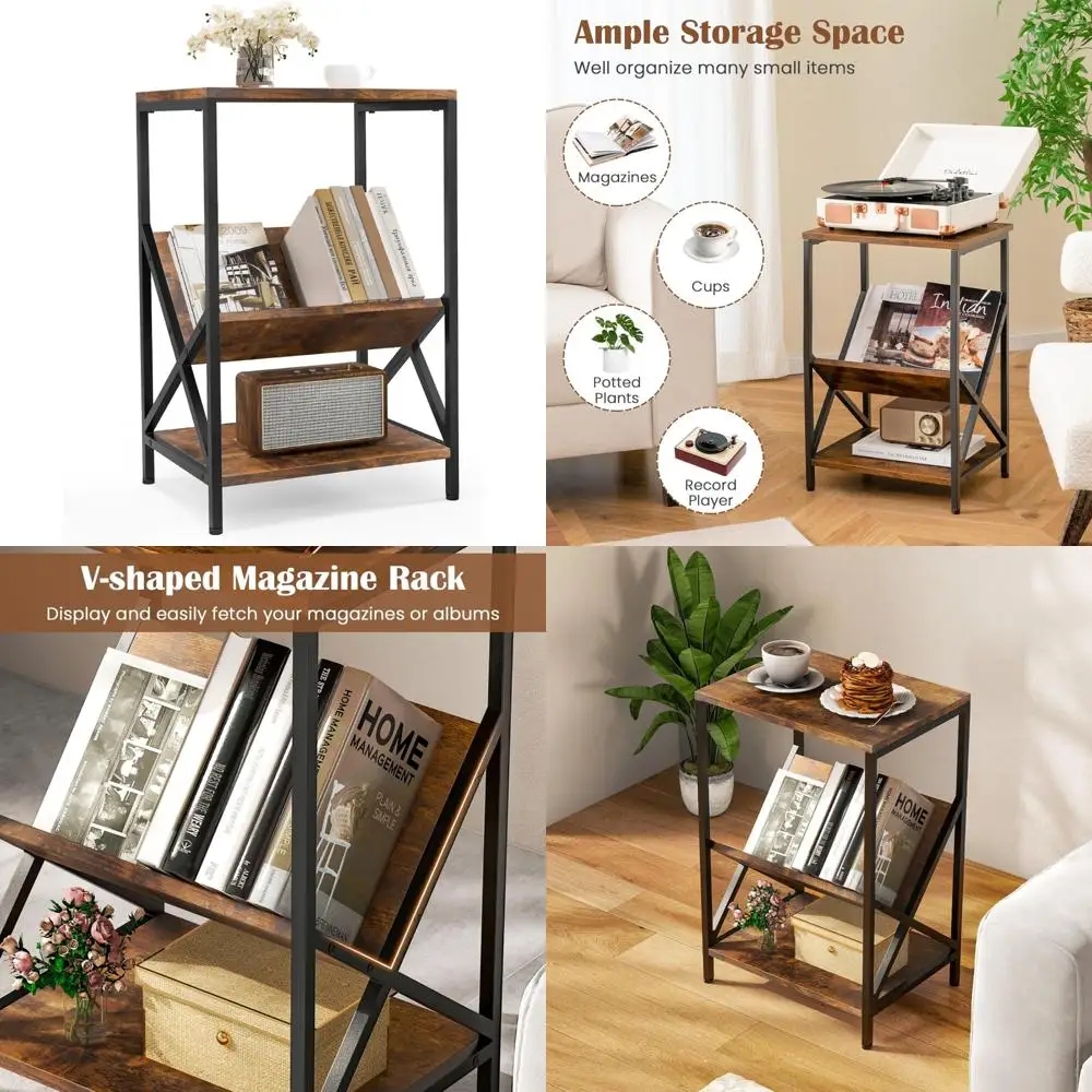 

Industrial Style 3-Tier Metal End Table with Storage Shelves and Magazine Rack, Ideal for Sofa Side or Small Nightstand Use