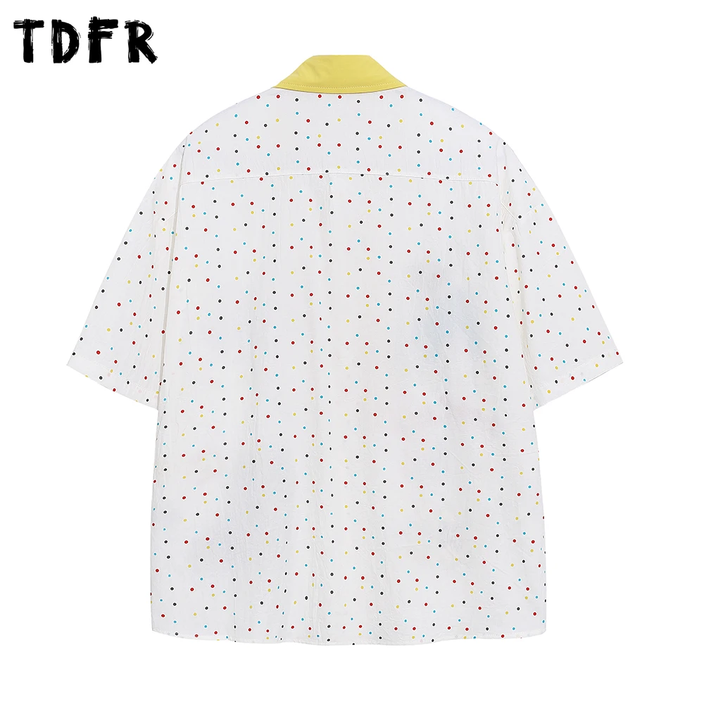 Polka Dot Short Sleeve Shirts Mens Embroidery Summer Retro Casual Cotton Spliced Lapel Single Breasted Half-Sleeve Shirts Man