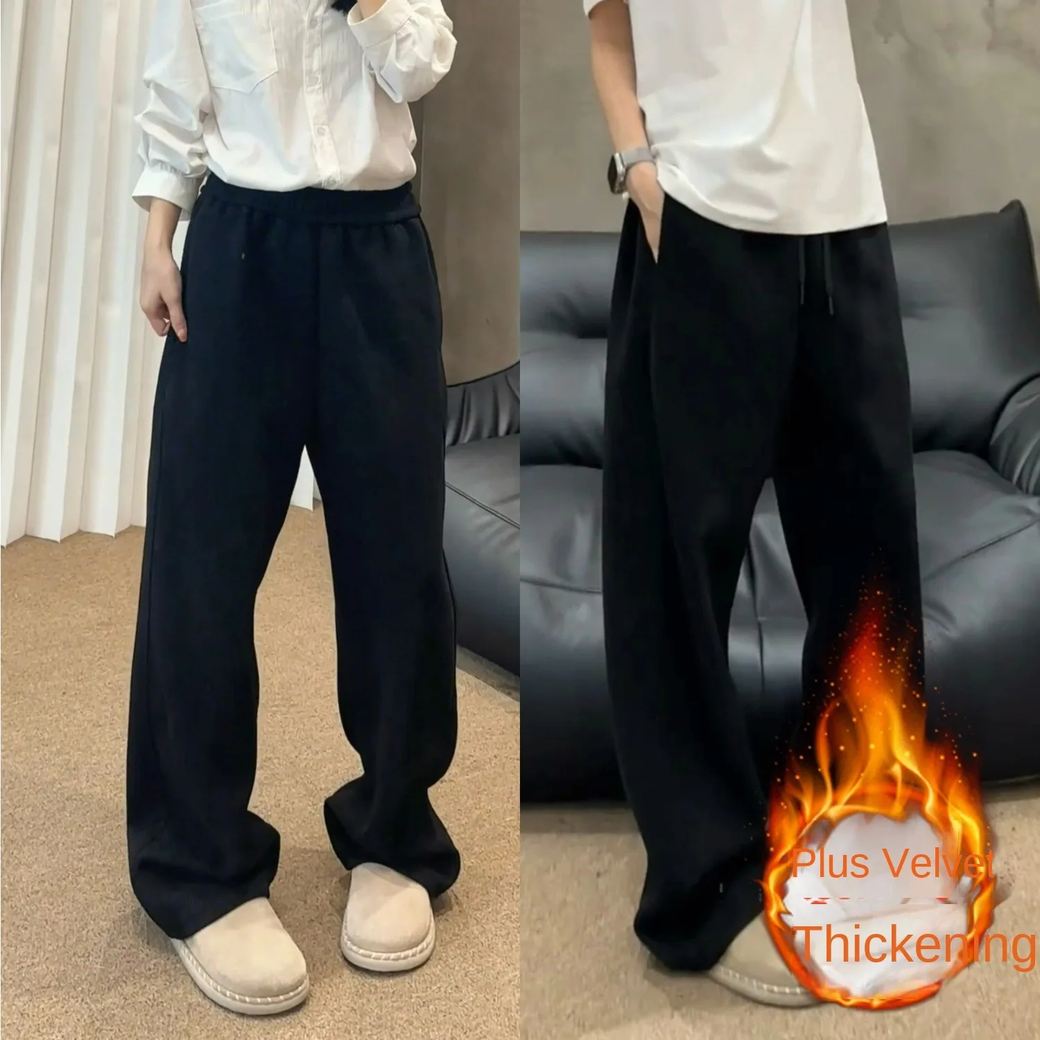 بنطال رياضي كاجوال من الصوف بتصميم كلاسيكي للرجال لخريف وشتاء - ماركة ملابس الشارع اليابانية فضفاضة ومستقيمة وسميكة