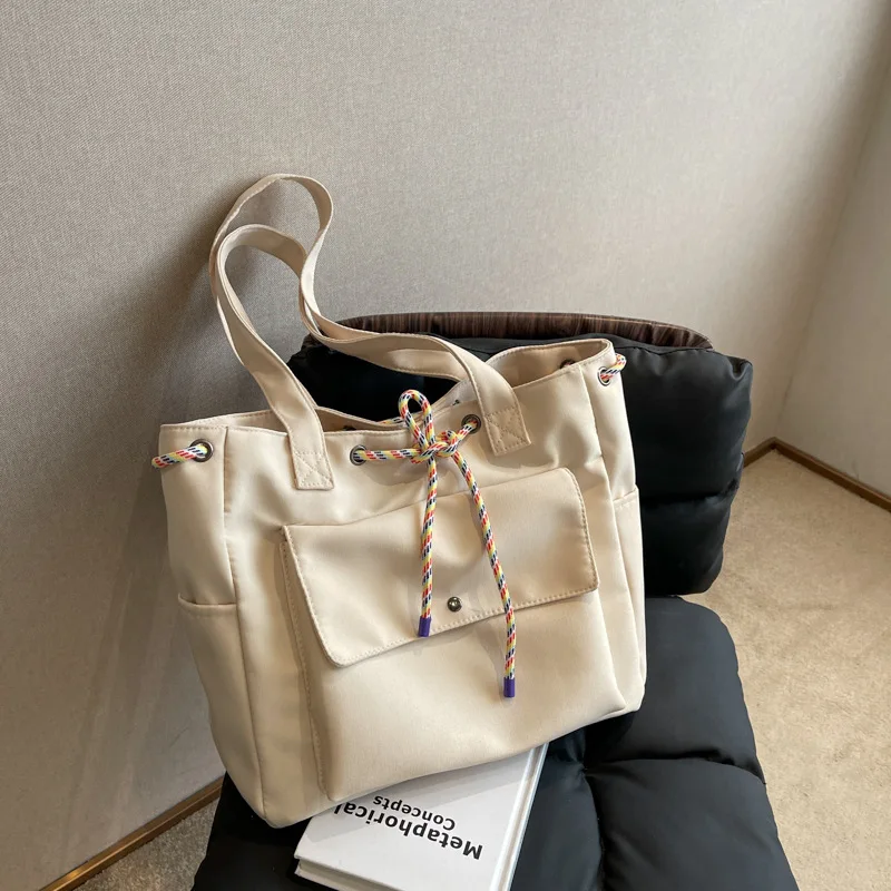 Trendy Womens Shoulder Bag Crossbody Tote Large Capacity Drawstring Casual Pure Color Ins Top Handle Bag Texture Commuting Bg