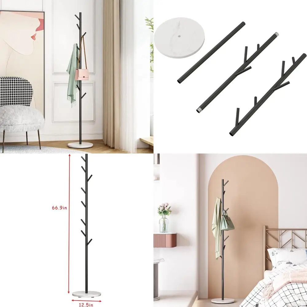 

Freestanding Black Metal Entryway Coat Rack with Hooks and Marble Base, Ideal for Hanging Cloaks and Outerwear