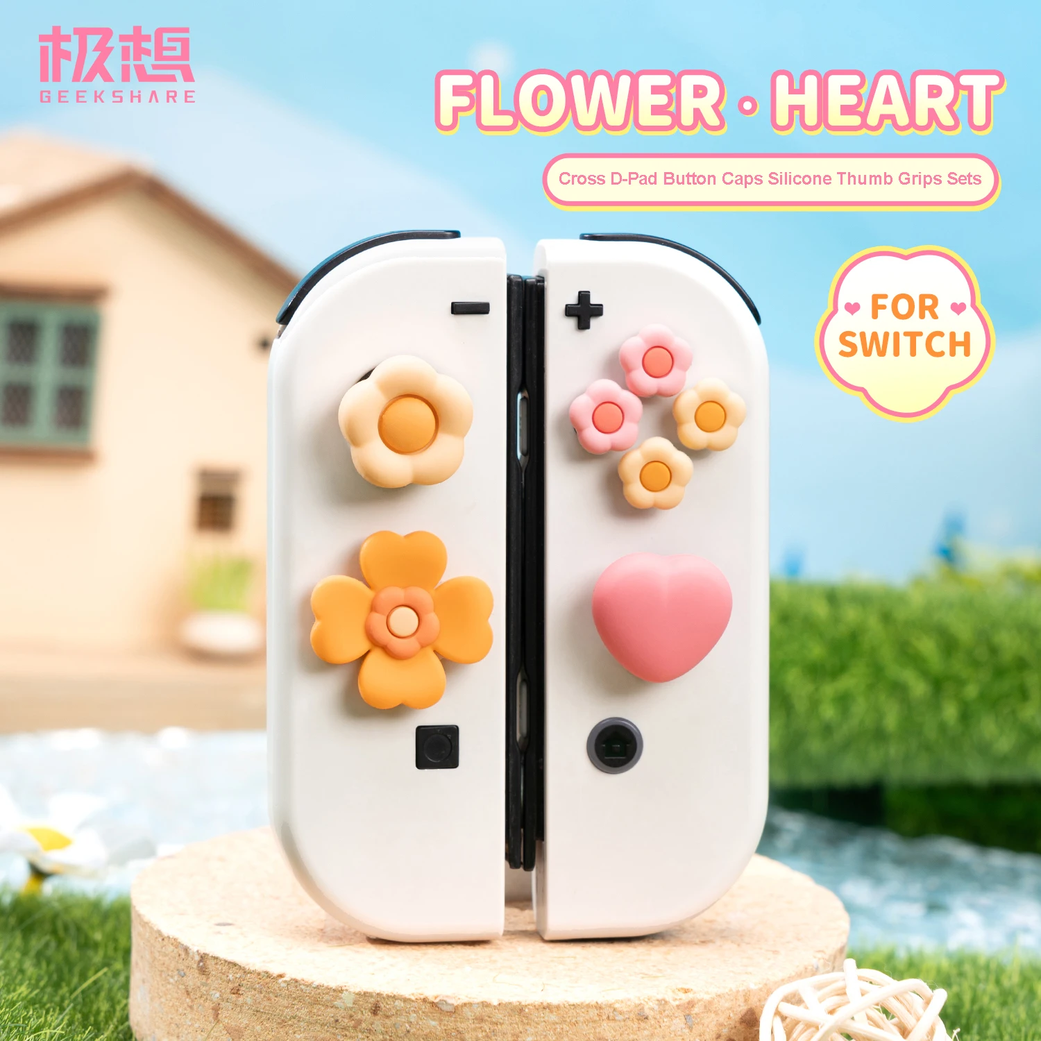 

GeekShare Heart and Flower Cross D-Pad Button Caps Thumb Grips Set,ABXY Key Buttons Sticker for Nintendo Switch/OLED Joy-Con