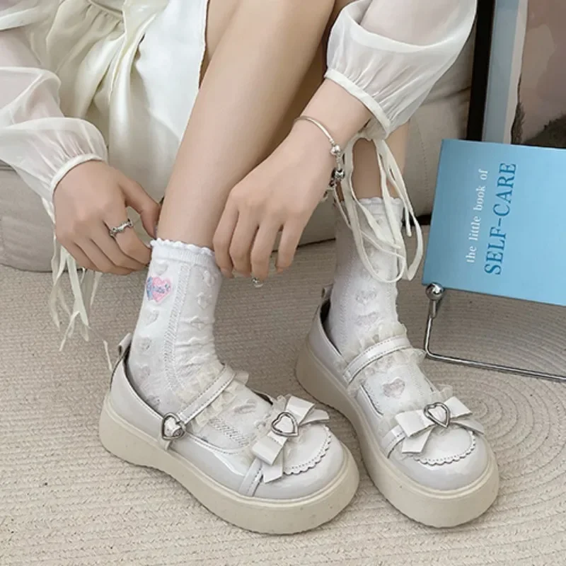 Sweet Mary Janes Prinses Schoenen Kwaliteit Platform Lolita Dame Schoenen Strik Hart Gesp Vrouwen Pompen Japan Stijl Kanten Jurk Pompen