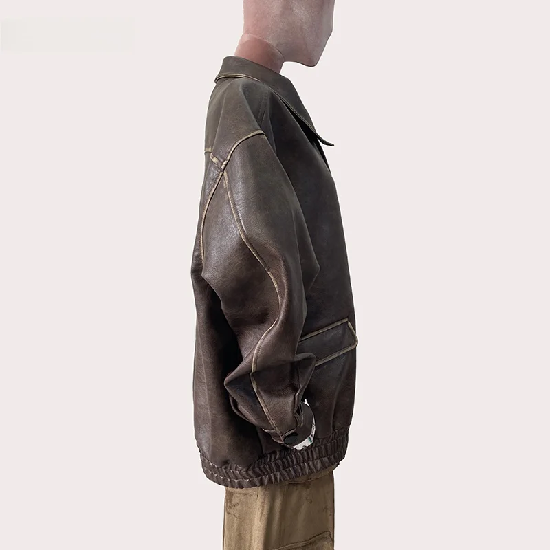 

Nerazzurri Oversize Brown PU Leather Jaet Women's Vintage Waed Color Rubbing Street Sle Long Sve Zipper Coat