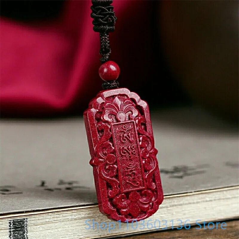 Double Sided Cinnabar Handcarved Buddhist Scriptures Men's and Women's Pendant High Content 100% Natural Cinnabar stone Necklace