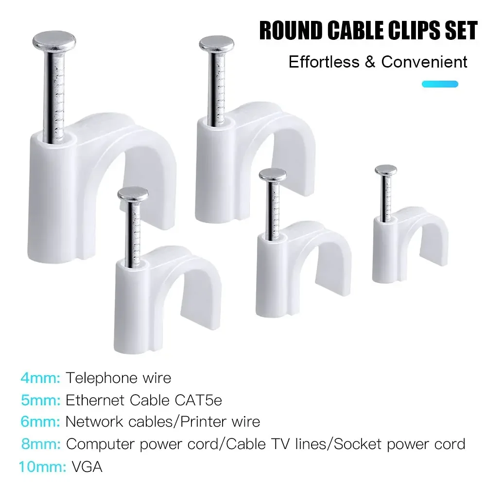 100PCS Round Cable Clips 3/4/5/6/7/8/9/10 mm C Shaped Management Cord Tie Circle Wire Wall Holder Nylon Carbon Steel Nails Line