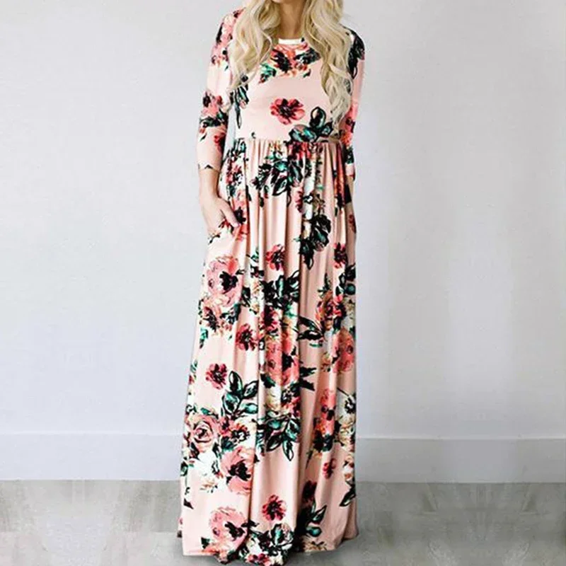 

Summer Maxi Dress Women Pink Floral Print Boho Beach Dress Ladies Evening Party Long Dress Sundress Vestidos de festa 3XL