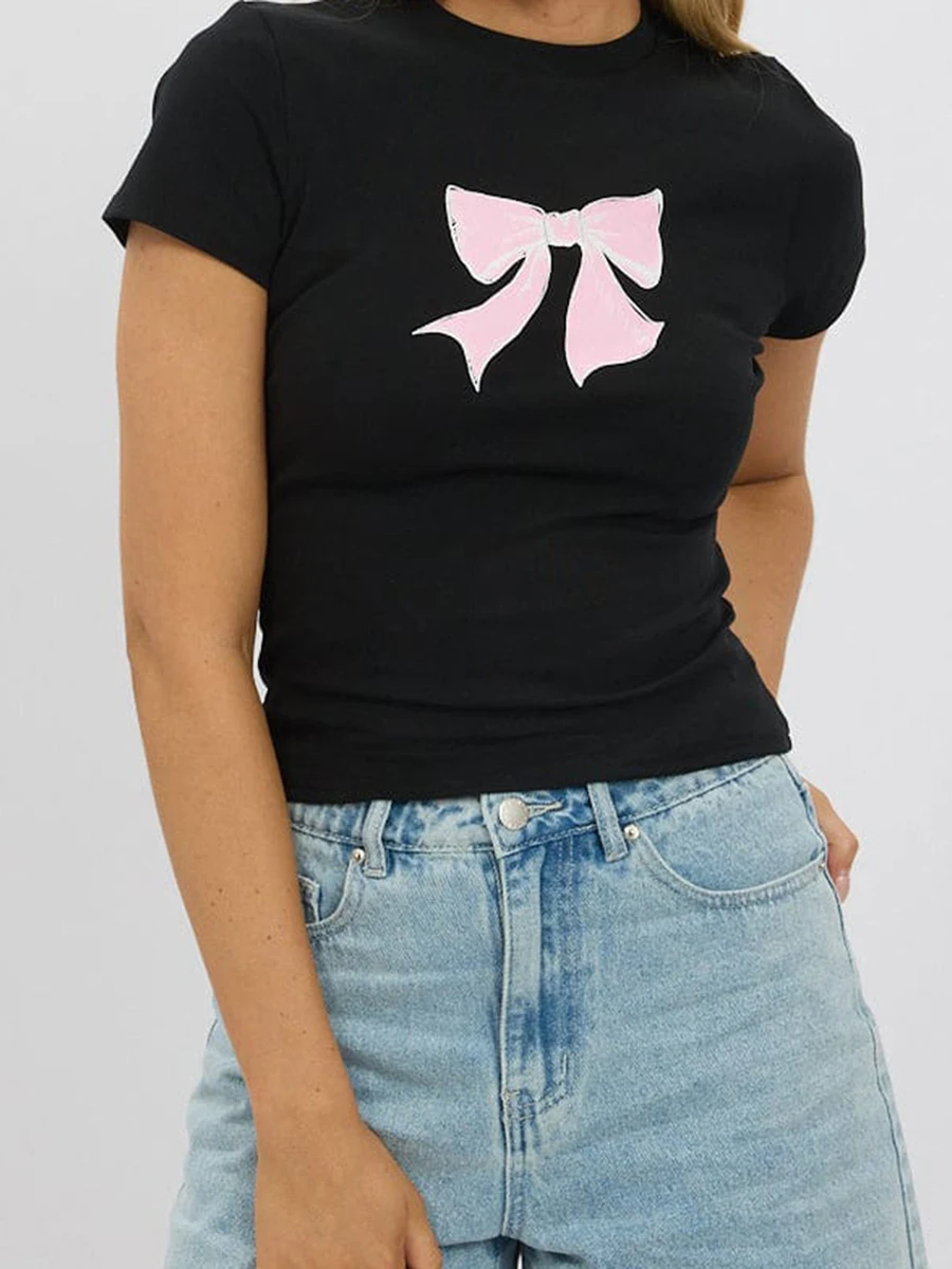 

Women's Crew Neck Tops Lightweight Short Sleeve Bow/Strawberry Print Slim Fit Baby Tees Clubwear