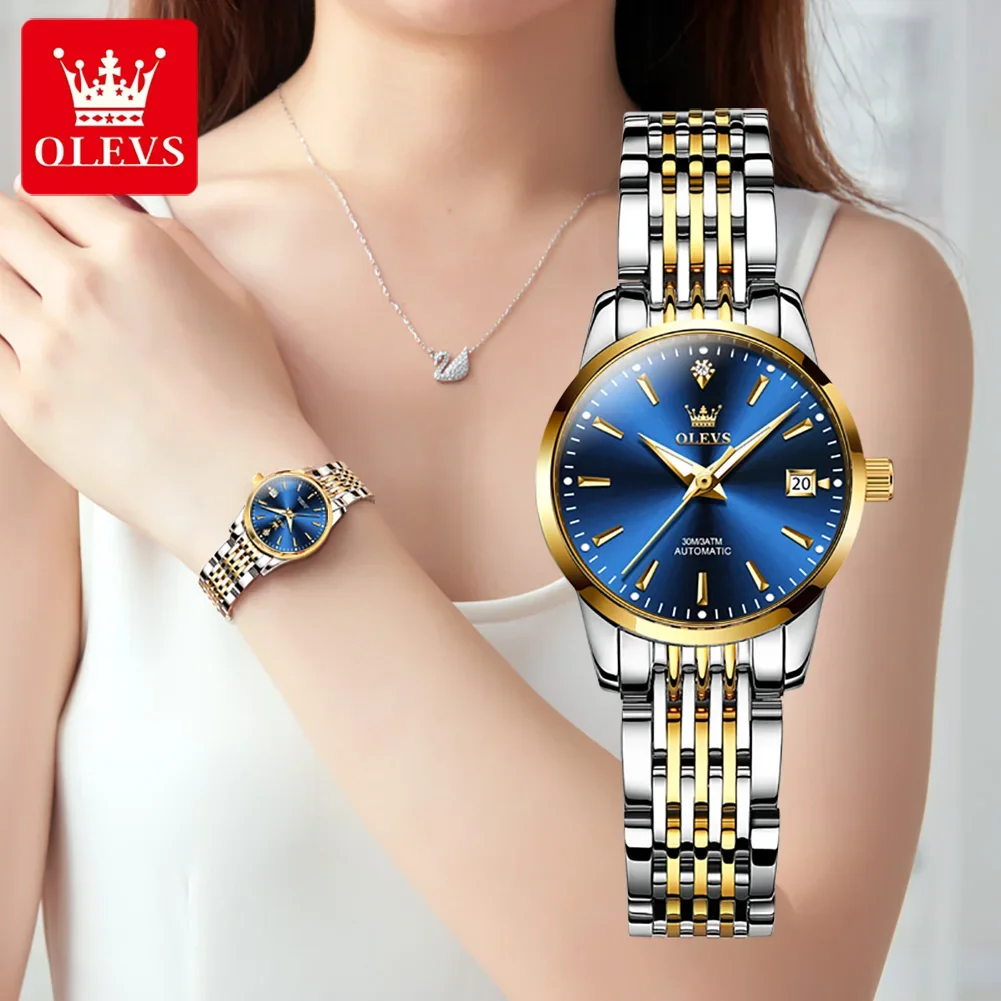 OLEVS-Reloj mecánico automático para Mujer, pulsera luminosa de acero inoxidable, resistente al agua, movimiento Original, de lujo