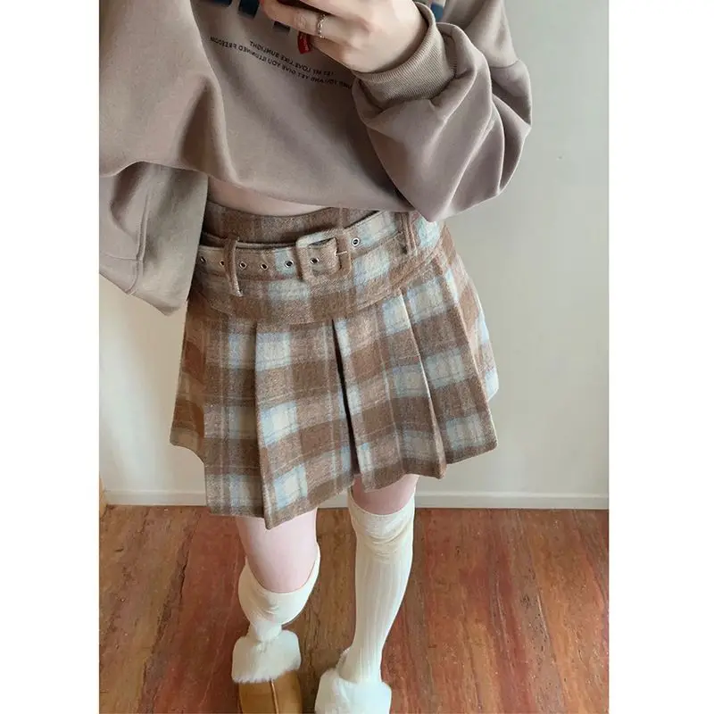 

Deeptown Vintage Plaid Wool Skirt Women Preppy Style Sweet Mini Skirts Korean Fashion Autumn Winter Retro Pleated Short Skirts